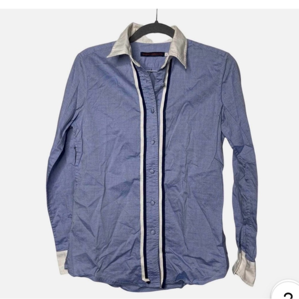 Harvey faircloth Elegant Blue Button-Down Shirt with White Trim